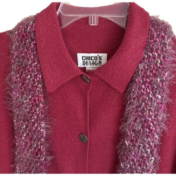 Chicos Boiled Wool Cardigan Jacket Womens 2 L Magenta Button Up w/Eyelash Scarf - Picture 4 of 14